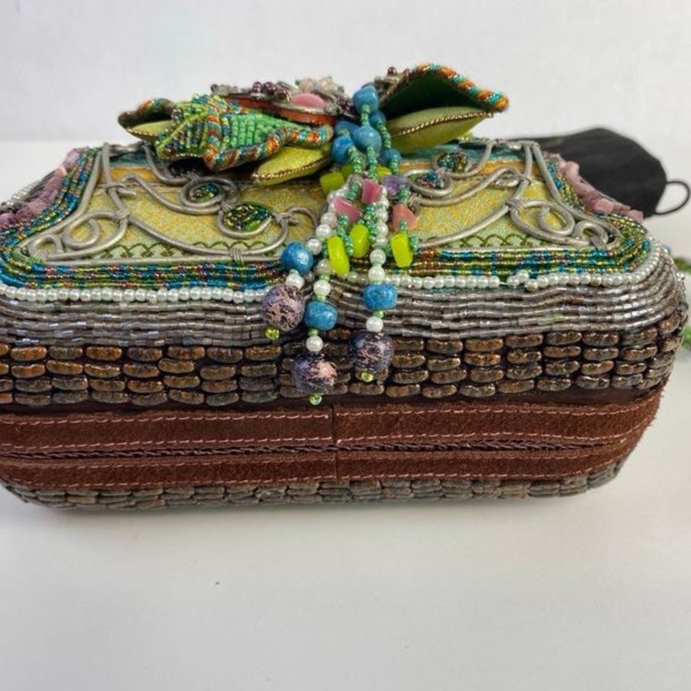 Mary Frances Floral Beaded Clutch in Green and Pink - Picture 3 of 6
